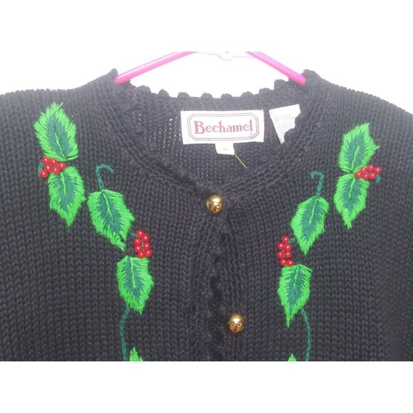 Vintage Bechamel Sweater Womens Sz L Christmas Cardigan Black green red long slv - Picture 3 of 15
